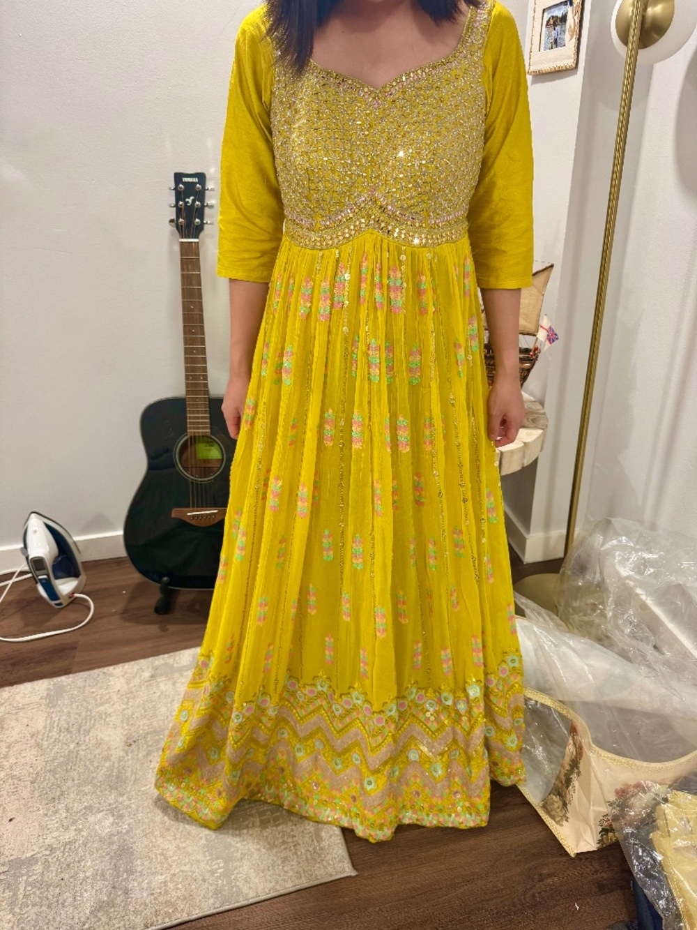 Mustard Yellow Mirror Work Anarkali Gown | Indian Wedding | Haldi | M/L